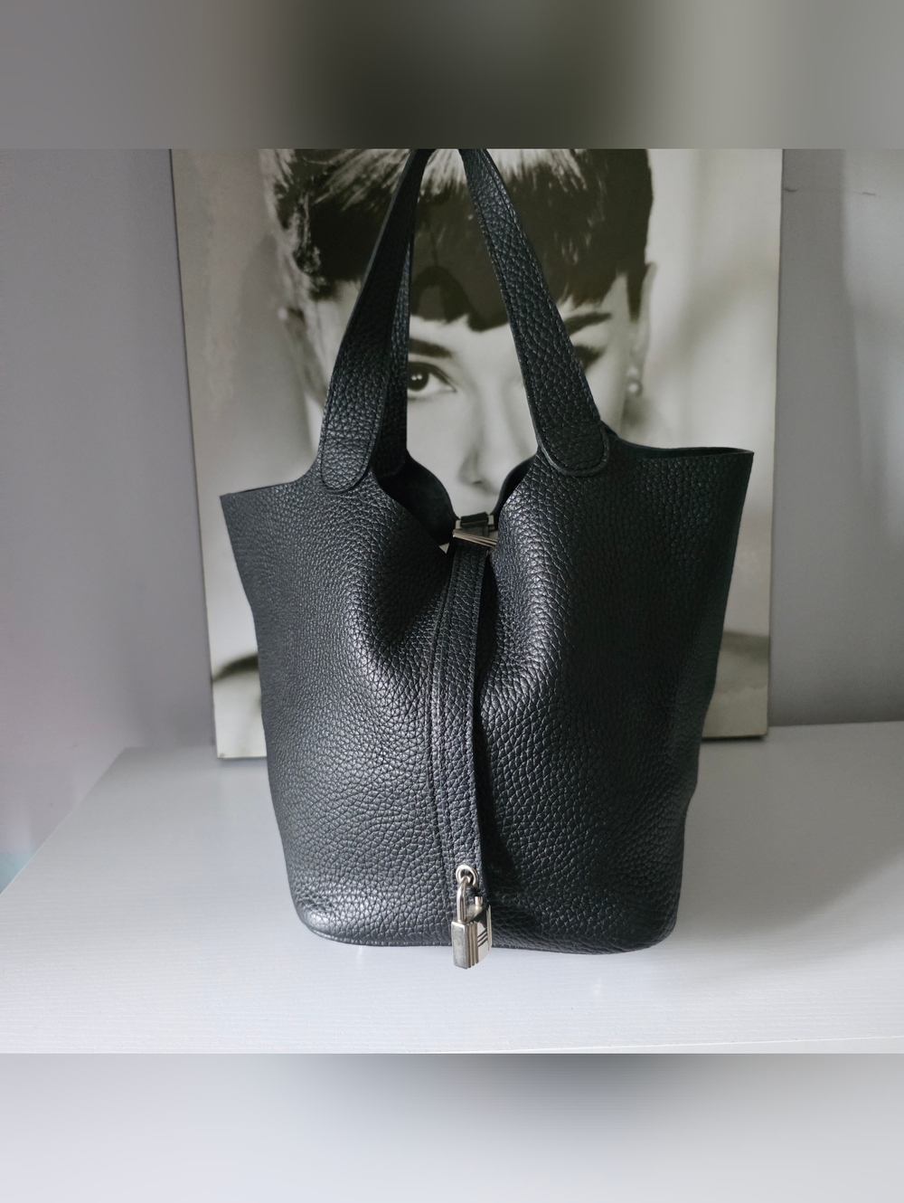 Hermes Picotin 22 Black Leather Tote Bag with Padlock Accent